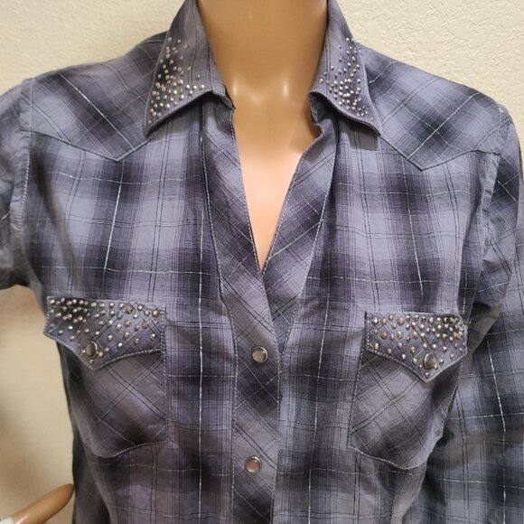 PANHANDLE ROUGH STOCK women's WESTERN SHIRT COWGIRL LUREX RHINESTONES SNAPS sz M - Picture 2 of 6